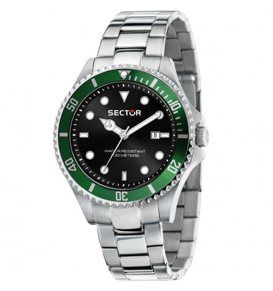 Orologio Uomo SECTOR 230 Solo Tempo in Acciaio con Quadrante Nero e Ghiera Verde