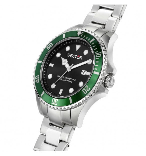 Orologio Uomo SECTOR 230 Solo Tempo in Acciaio con Quadrante Nero e Ghiera Verde