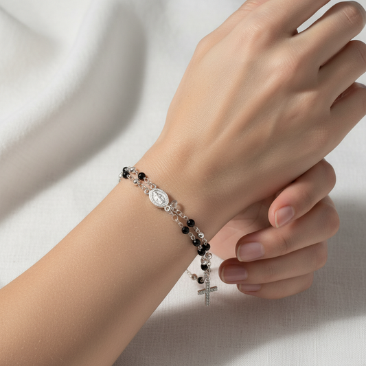 Bracciale Donna Rosario con Zirconi Bianchi e Pietre Nere - ANANDA