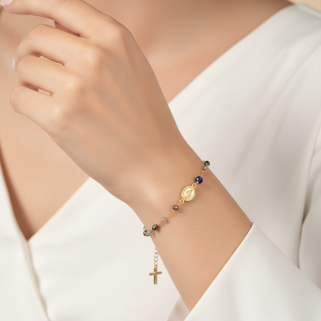 Collana Donna Rosario con Pietre Blu e Grigie in Argento Dorato - ANANDA