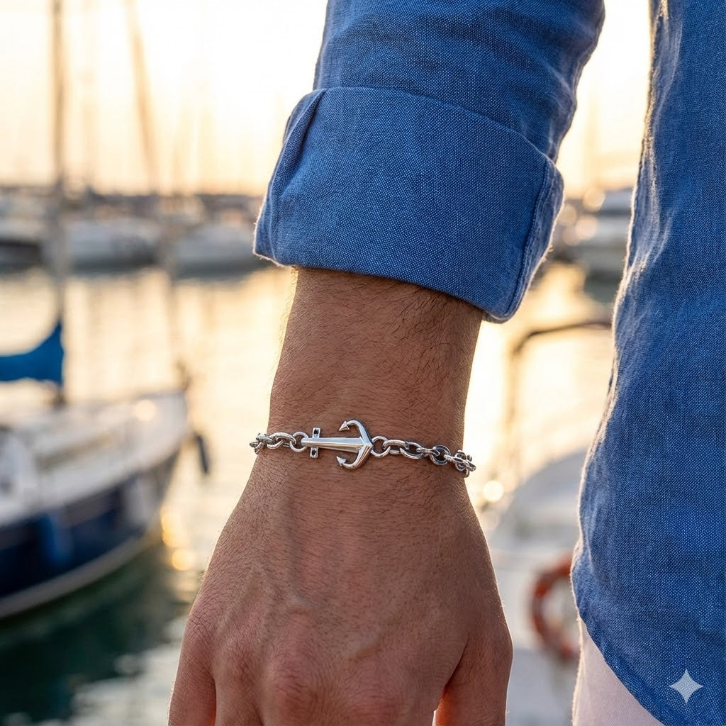 Bracciale Uomo MORELLATO in Acciaio con Ancora e Cristalli Neri